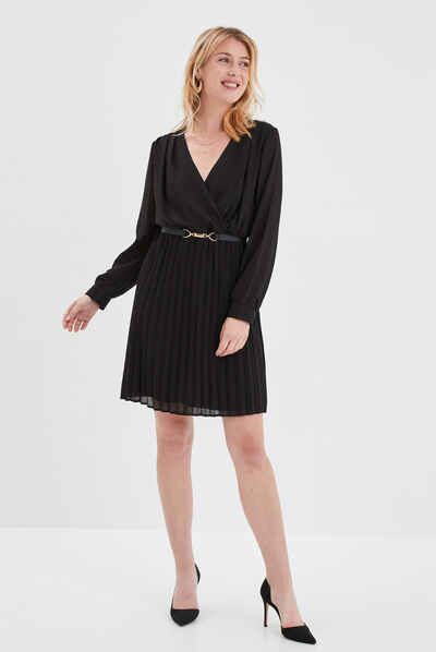 Robe ceinturée bas plissé noir femme