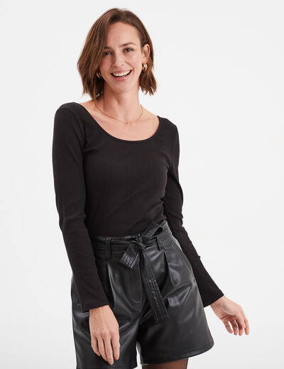 T-shirt côtelé cintré manches longues noir femme