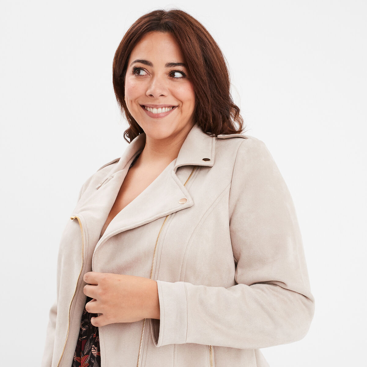 Blouson zippé effet suédine style biker beige femme grande taille