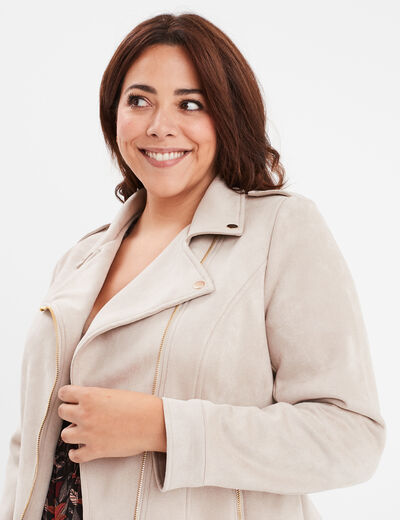 Blouson zippé effet suédine style biker beige femme grande taille