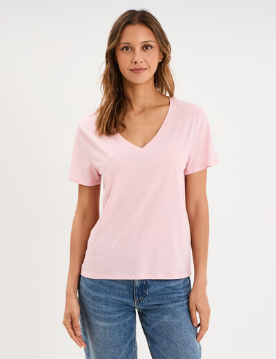 T-shirt manches courtes col en V coton rose clair femme