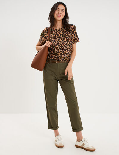 Pantalon chino regular ceinture tress&eacute;e vert kaki femme