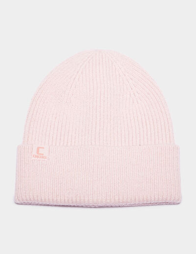 Bonnet &agrave; revers tricot&eacute; rose clair fille