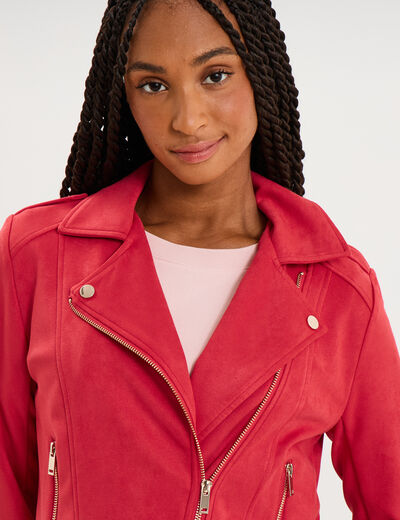Veste biker effet su&eacute;dine rose cerise femme