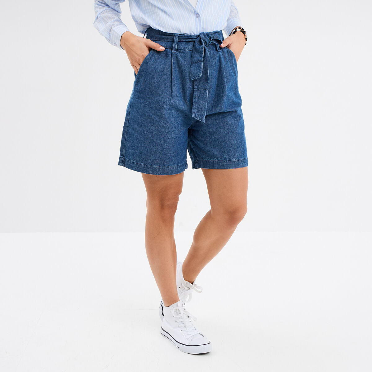 Short large jean coton ceinture à nouer denim double stone femme