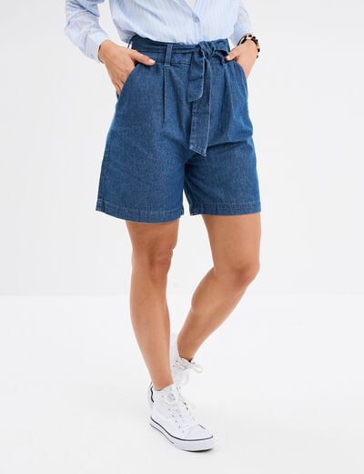 Short large jean coton ceinture à nouer denim double stone femme