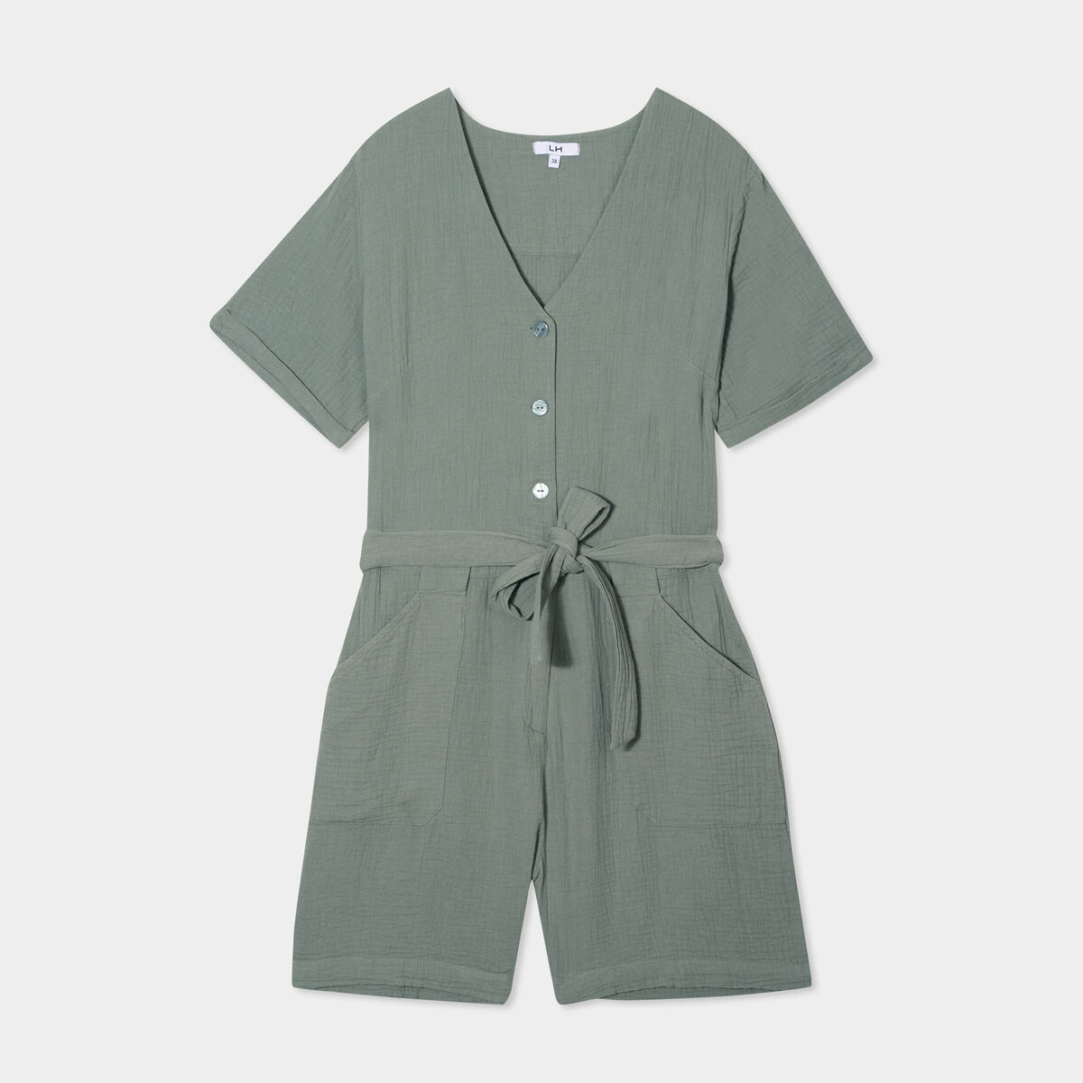 Combishort ceinturée en gaze de coton vert kaki femme