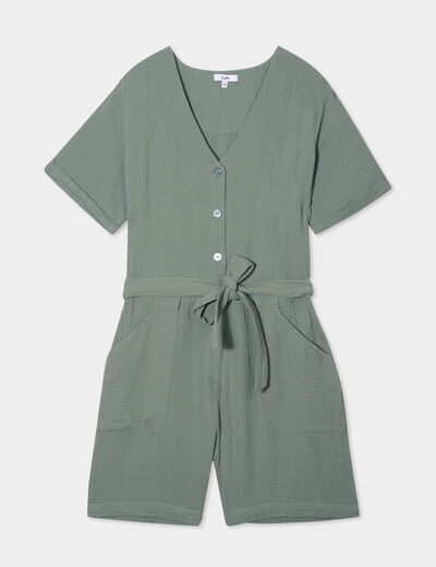 Combishort ceinturée en gaze de coton vert kaki femme