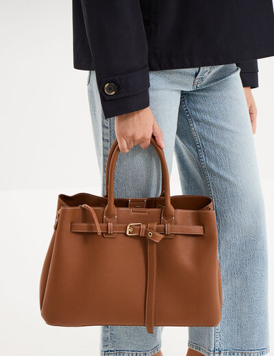 Sac &agrave; main avec bandouli&egrave;re marron cognac femme
