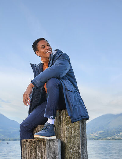 Parka mi-longue doublée à capuche bleu foncé homme