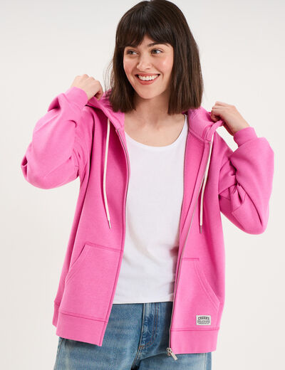 Sweat zipp&eacute; &agrave; capuche rose fushia femme