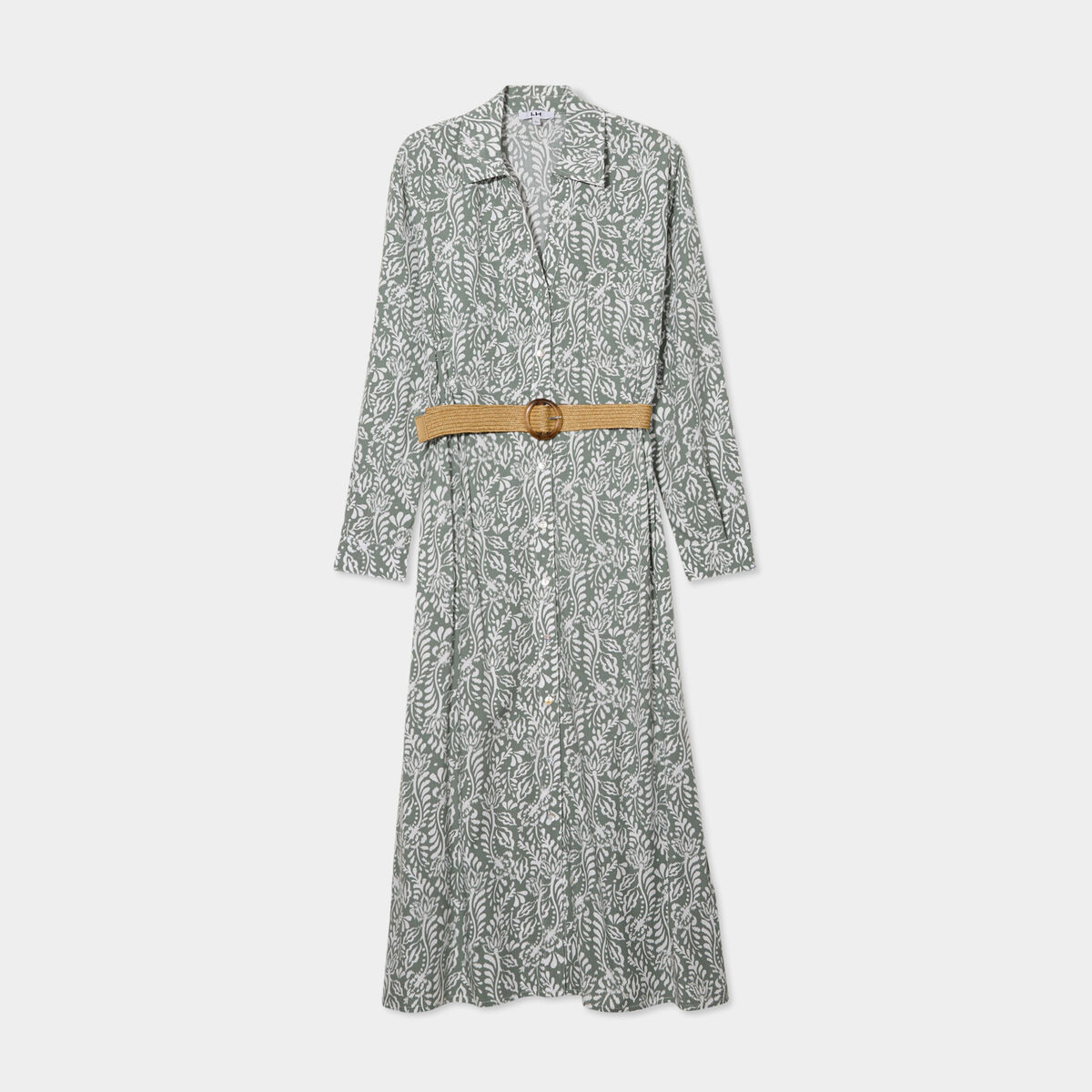 Robe chemise longue avec ceinture vert kaki femme