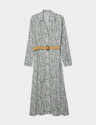 Robe chemise longue avec ceinture vert kaki femme