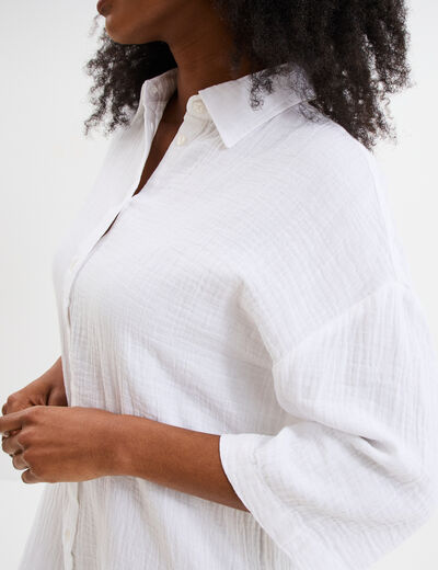 Robe chemise manches 3/4 gaze de coton blanc femme