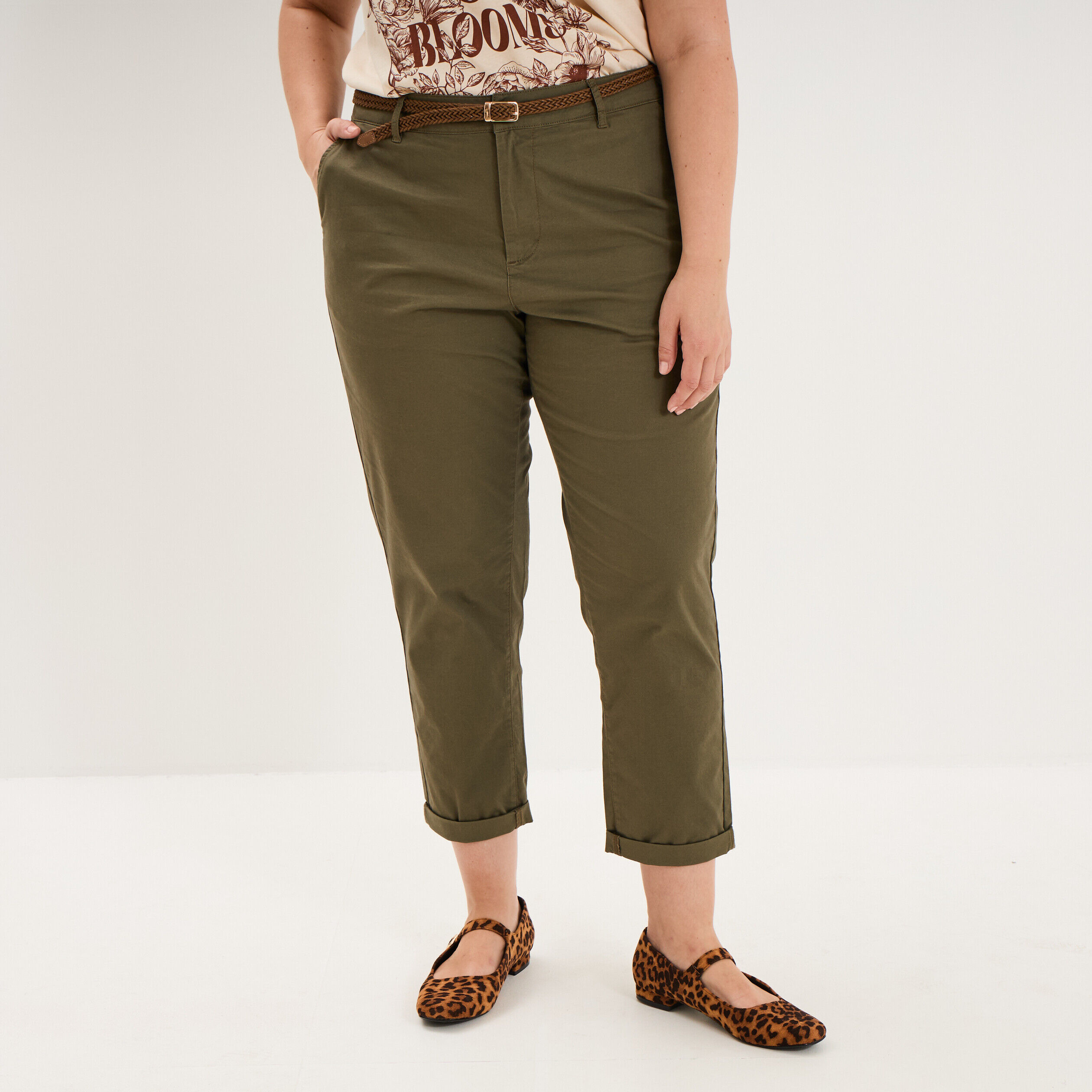 Pantalon chino taille haute coton vert kaki femme grande taille LH