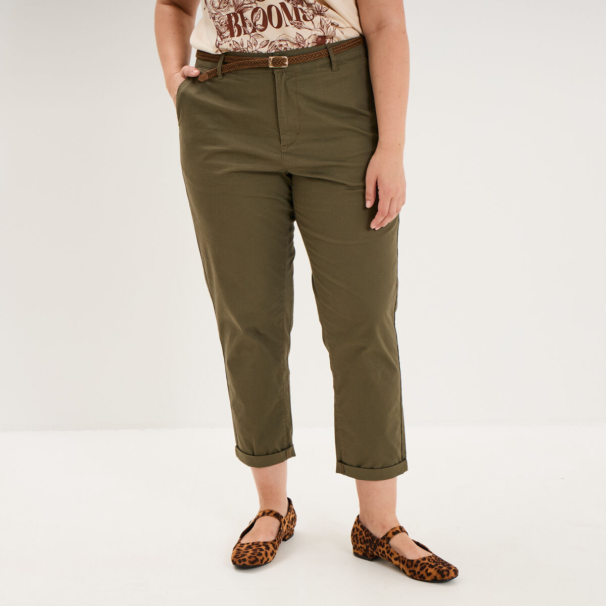 Pantalon chino taille haute coton vert kaki femme grande taille