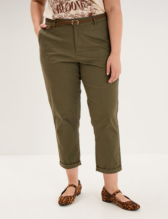 Pantalon chino taille haute coton vert kaki femme grande taille