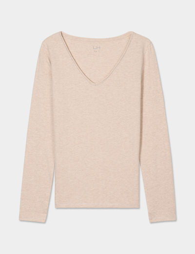 T-shirt manches longues col en V coton beige femme