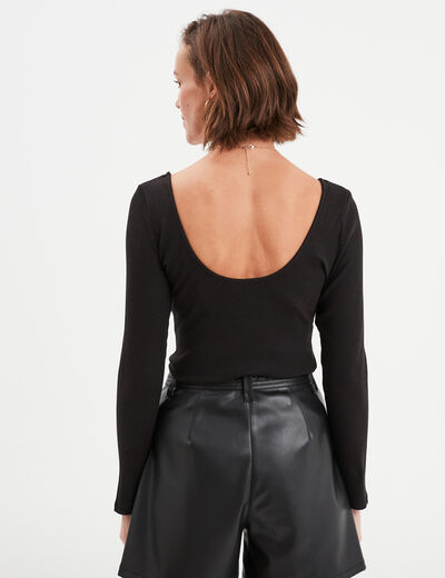 T-shirt côtelé cintré manches longues noir femme