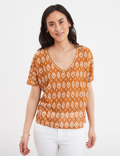 T-shirt col en V manches courtes jaune moutarde femme