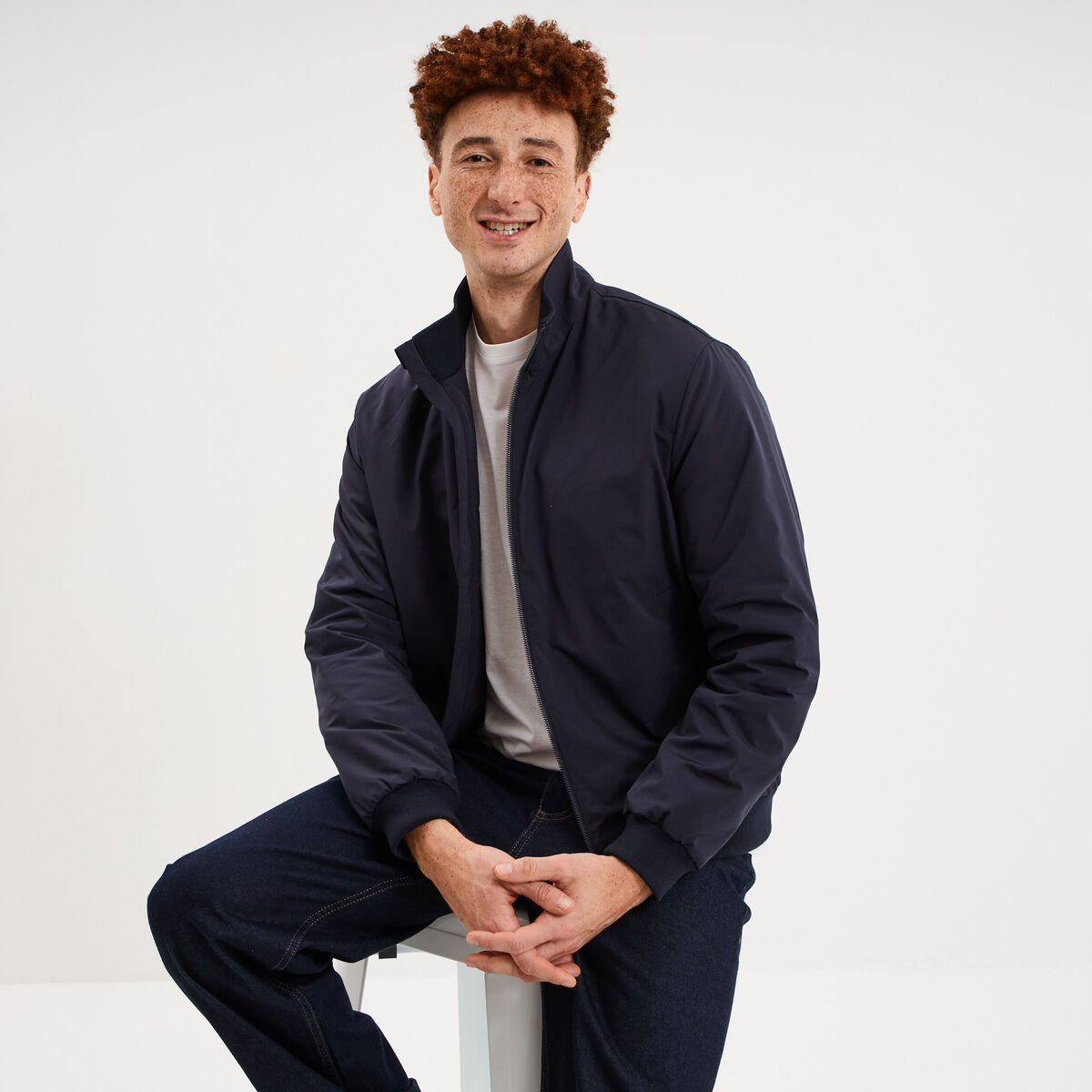 Blouson d&eacute;perlant col montant bleu fonc&eacute; homme