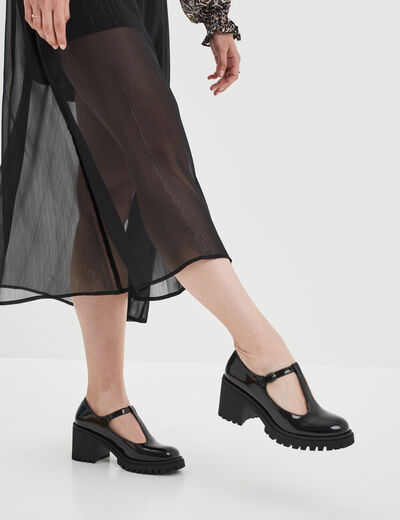 Mocassins vernis crant&eacute;s &agrave; talon noir femme