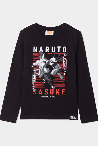 T-shirt col rond coton Sasuke Naruto noir garçon