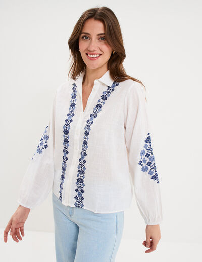 Blouse brod&eacute;e manches longues coton ecru femme