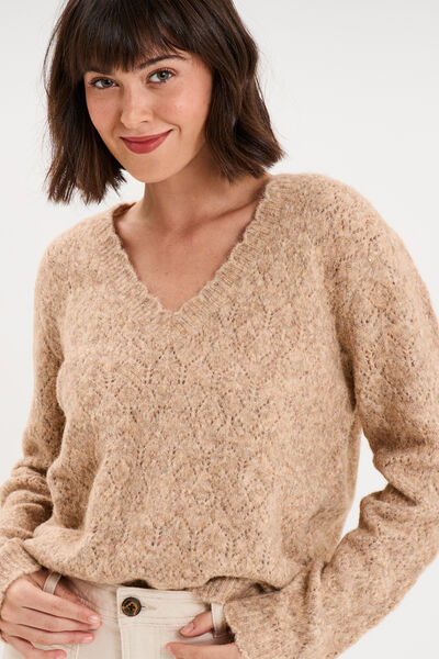 Pull col V ajour&eacute; manches longues beige femme