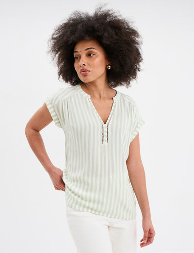 Blouse crépon manches courtes vert kaki femme