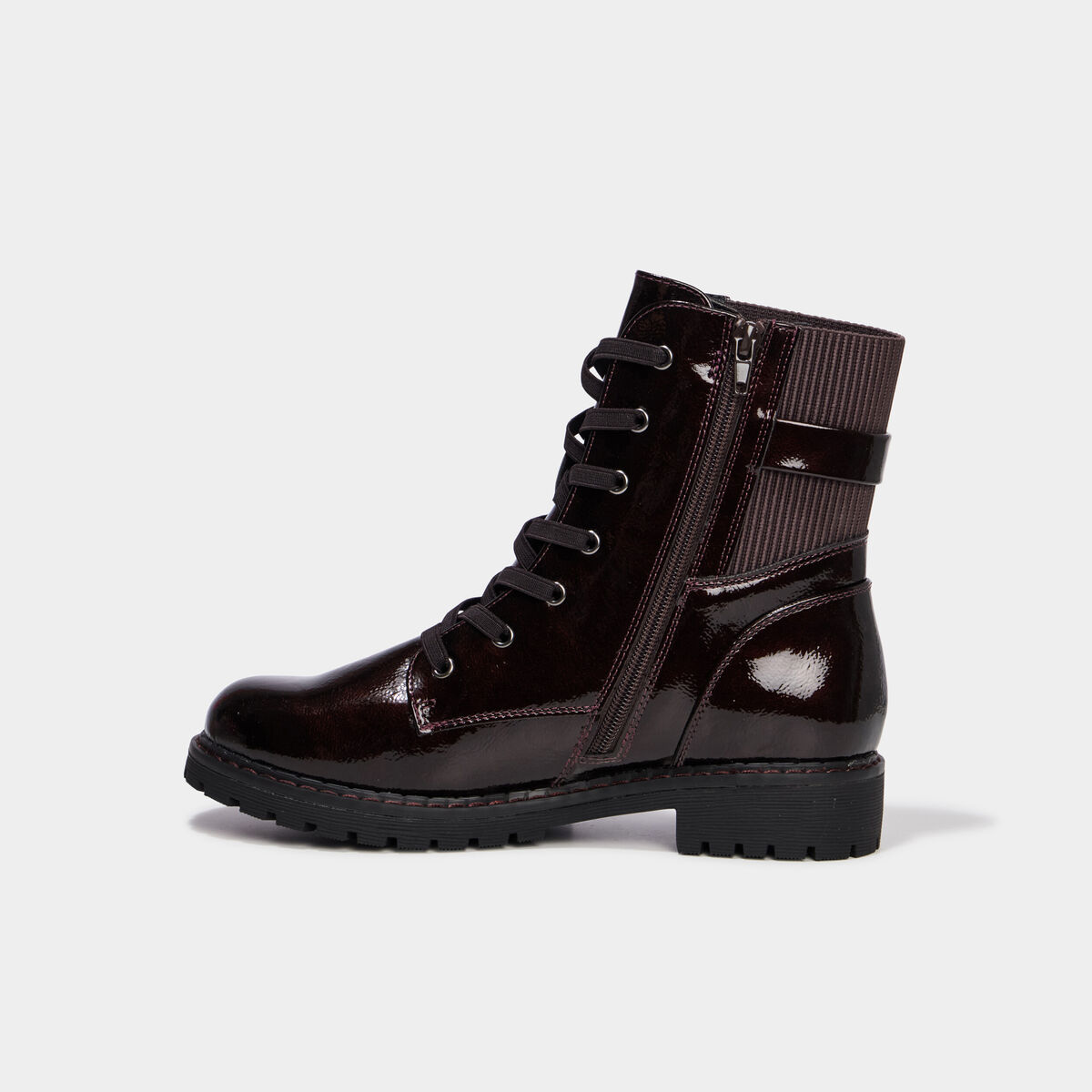 Boots crant&eacute;es zipp&eacute;es avec lacets bordeaux femme