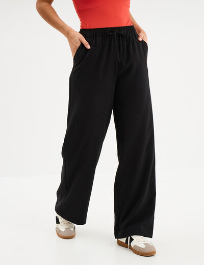 Pantalon crêpe large taille élastiquée noir femme