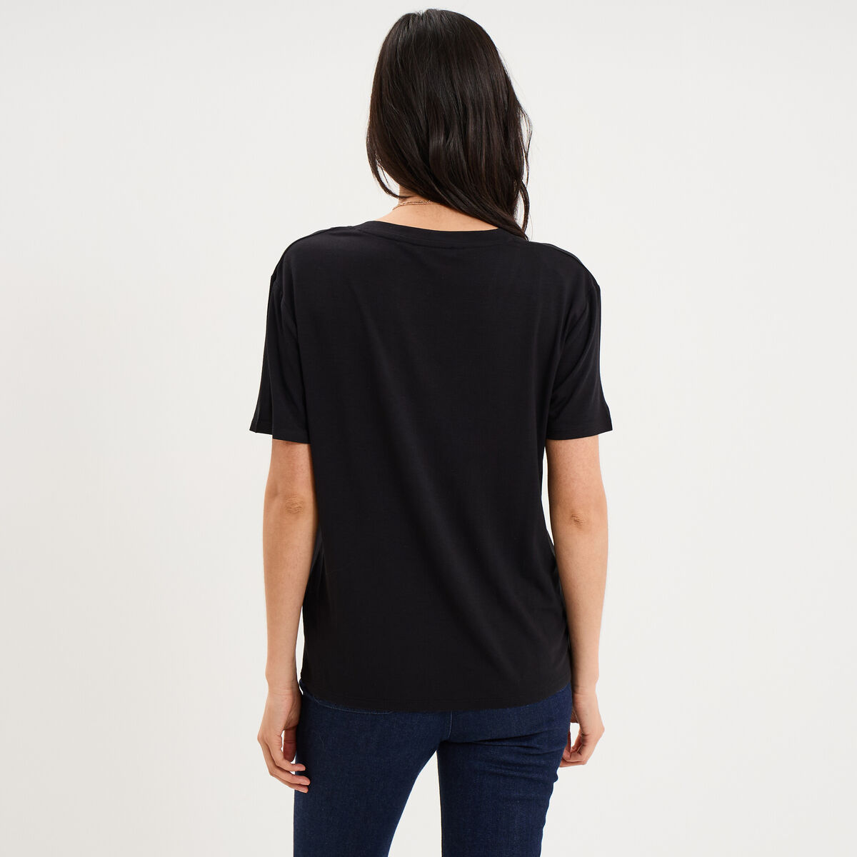 T-shirt fluide col en V manches courtes noir femme