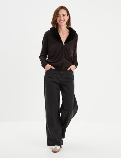 Gilet zippé avec col fausse fourrure noir femme