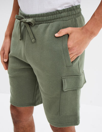 Bermuda cargo molleton taille &eacute;lastiqu&eacute;e vert kaki homme