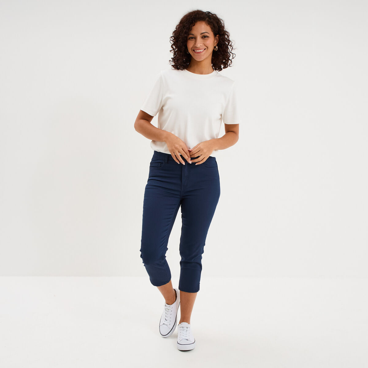 Pantalon capri slim twill 5 poches bleu marine femme