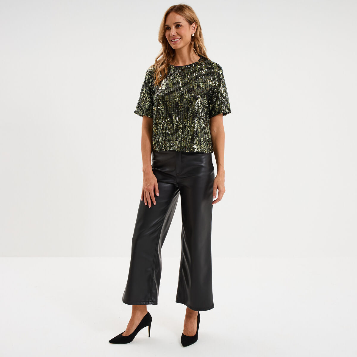 T-shirt &agrave; sequins manches courtes droit vert olive femme