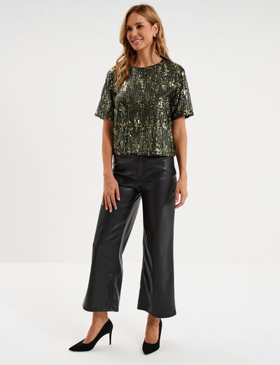 T-shirt &agrave; sequins manches courtes droit vert olive femme