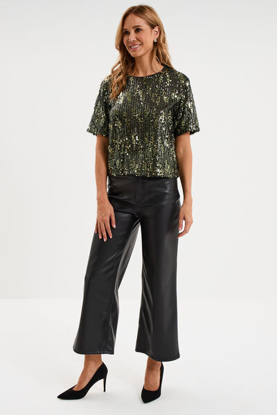 T-shirt &agrave; sequins manches courtes droit vert olive femme