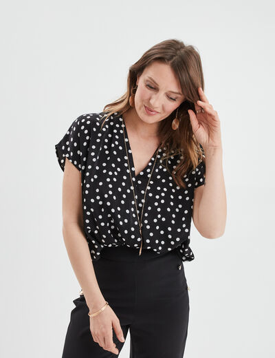 Blouse bijoux col en V manches courtes noir femme