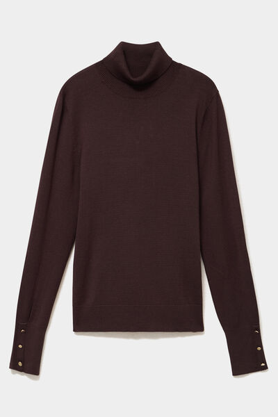Pull col roul&eacute; avec boutons poignets marron fonc&eacute; femme