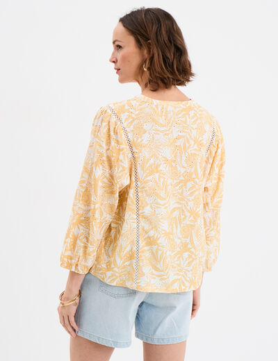 T-shirt ajouré manches 3/4 col en V ecru femme
