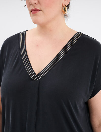 T-shirt col en V manches courtes noir femme grande taille