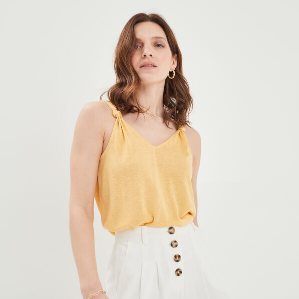 debardeur col en v bretelles nouees jaune clair femme Débardeur col en V bretelles nouées jaune clair femme
