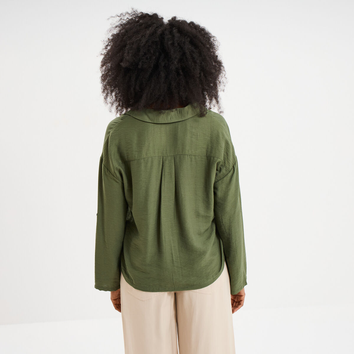 Chemise manches retroussables vert kaki femme