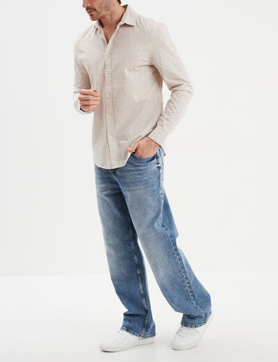 Chemise droite imprim&eacute;e manches longues beige homme