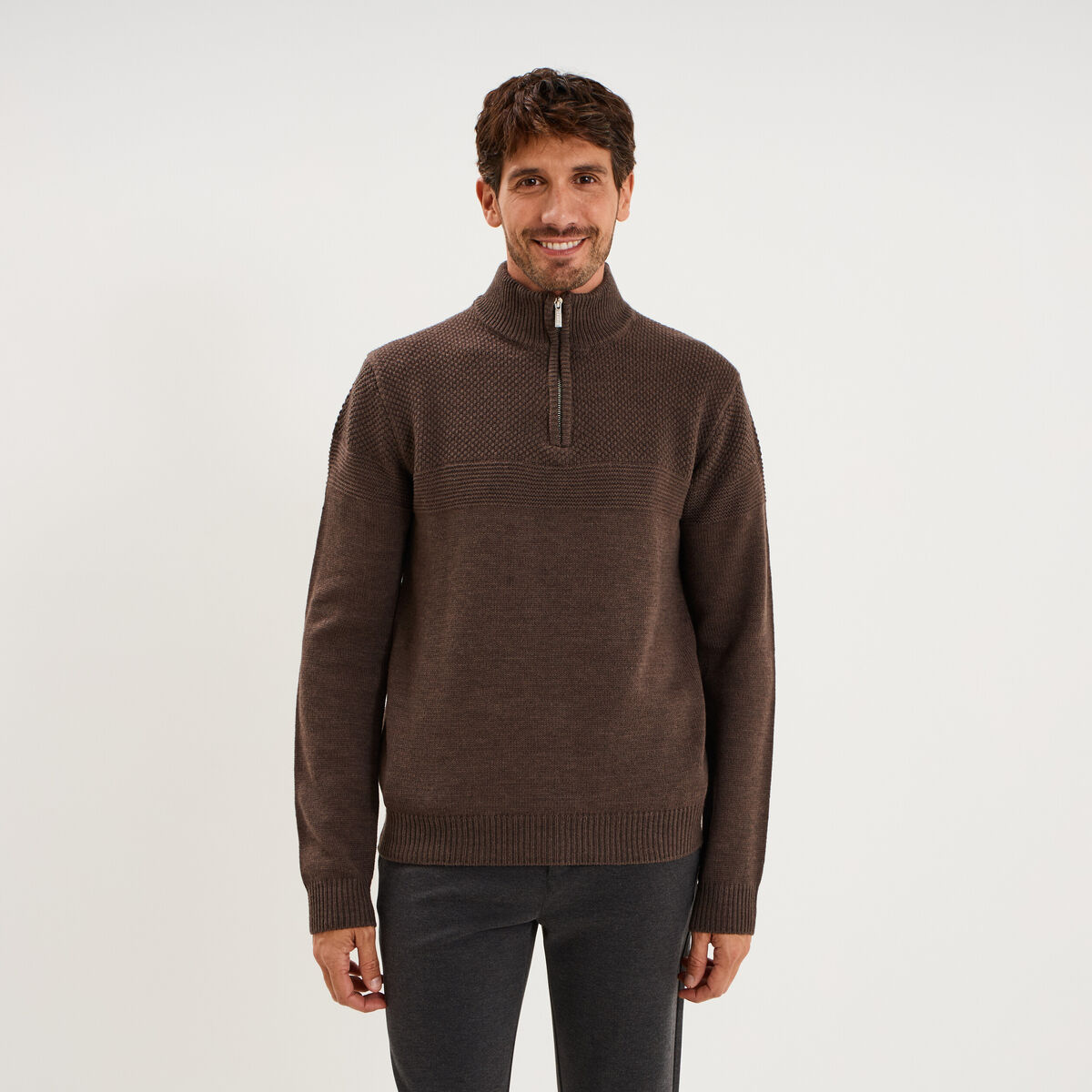 Pull col camionneur manches longues marron chocolat homme