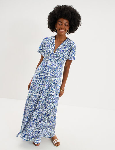 Robe longue gaufr&eacute;e manches courtes ecru femme