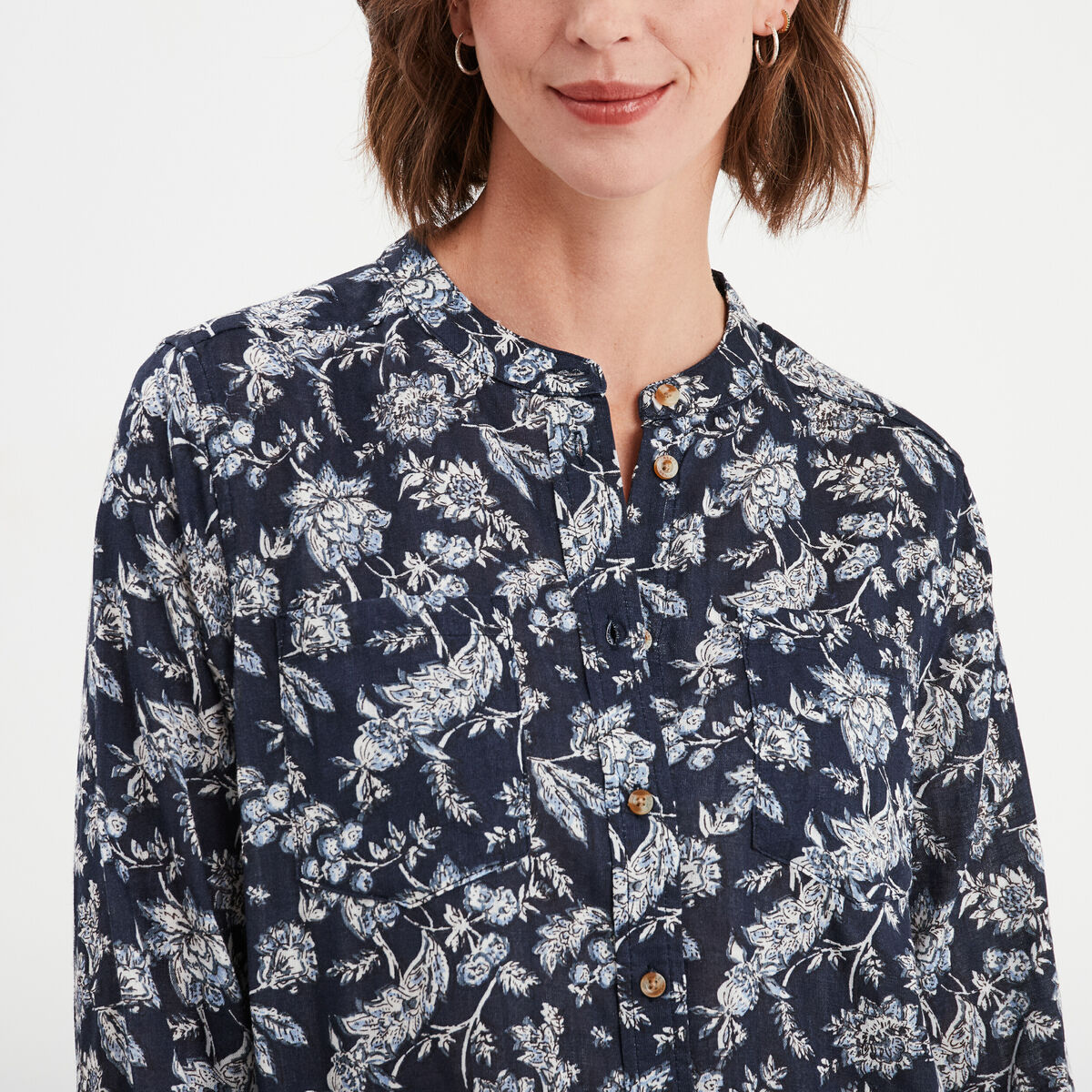 Chemise manches longues col mao bleu marine femme