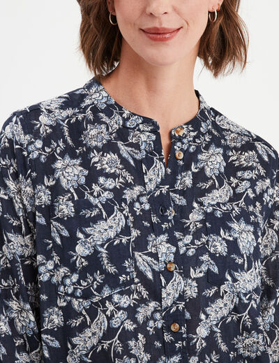 Chemise manches longues col mao bleu marine femme